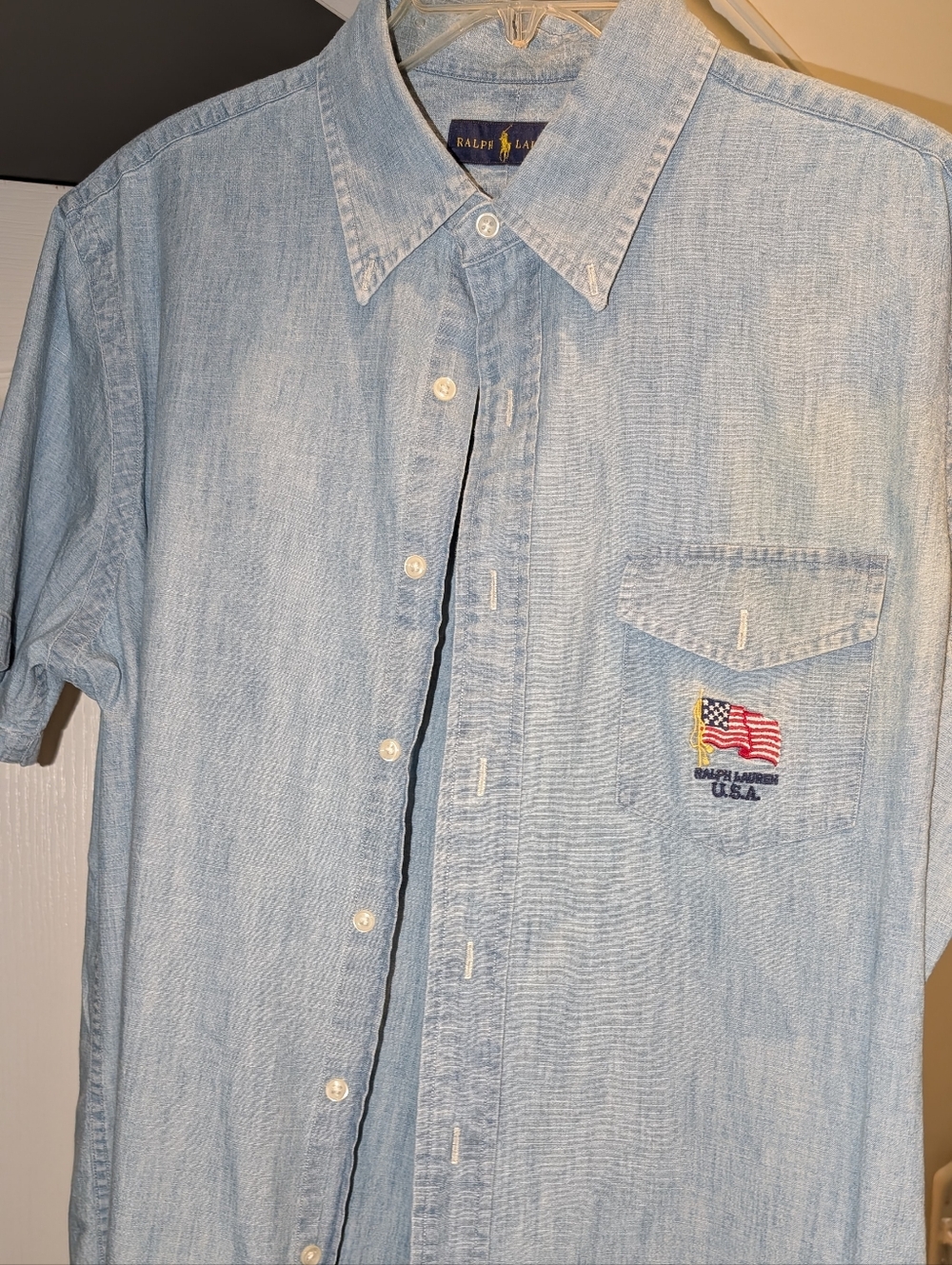 Ralph Lauren Light Blue Denim Short-Sleeve Button-Down with Embroidered Flag